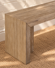 Load image into Gallery viewer, Kollie natural wood bench with long rectangular seat, waterfall-style ends and visible acacia wood grain.