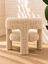 Load image into Gallery viewer, Kristine accent chair upholstered in textured cream and rust tweed with curved arms, open back details, and rounded cushioned seat.