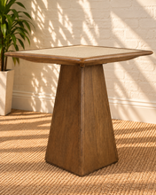 Load image into Gallery viewer, Kyler counter height table in Natural Brown walnut finish with synthetic cane glass top and tapered pedestal base.