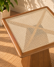 Load image into Gallery viewer, Kyler counter height table in Natural Brown walnut finish with synthetic cane glass top and tapered pedestal base.