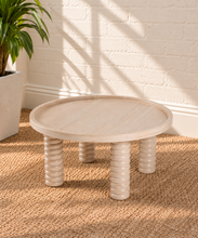 Load image into Gallery viewer, Lainey natural wood round coffee table with raised rim, subtle wood grain and four chunky ring-turned legs.
