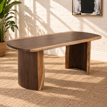 Load image into Gallery viewer, Landen oval acacia wood dining table with natural live edge top and sculptural curved double pedestal base.