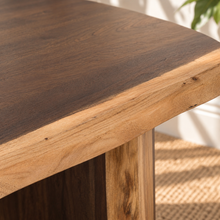 Load image into Gallery viewer, Landen oval acacia wood dining table with natural live edge top and sculptural curved double pedestal base.