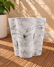 Load image into Gallery viewer, Laura Sculptural Side Table in Arctic Marble with an organic three-lobed shape and white marble-effect finish with gray veining.