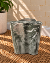 Load image into Gallery viewer, Laura sculptural side table in Mosstone Marble with organic three-lobed shape and green, gray, white, and blush marble-effect finish.