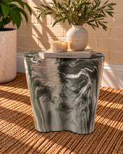 Load image into Gallery viewer, Laura sculptural side table in Mosstone Marble with organic three-lobed shape and green, gray, white, and blush marble-effect finish.