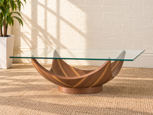 Load image into Gallery viewer, Laurel square coffee table with clear tempered glass top and sculptural curved walnut veneer pedestal base.