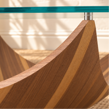 Load image into Gallery viewer, Laurel square coffee table with clear tempered glass top and sculptural curved walnut veneer pedestal base.