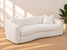 Load image into Gallery viewer, Image 2 of 5: Leighton upholstered sofa in Snow Cream sherpa with rounded silhouette, sloped arms, bench seat, and black legs