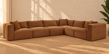Load image into Gallery viewer, Leilani 6-piece L-shaped sectional sofa in warm caramel furry textured corduroy with wide ribbed detailing, cushioned backs, and modular seating.