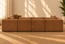 Load image into Gallery viewer, Leilani 6-piece L-shaped sectional sofa in warm caramel furry textured corduroy with wide ribbed detailing, cushioned backs, and modular seating.