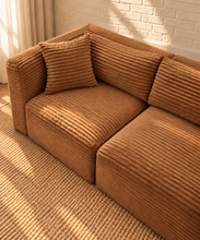Load image into Gallery viewer, Leilani 6-piece L-shaped sectional sofa in warm caramel furry textured corduroy with wide ribbed detailing, cushioned backs, and modular seating.