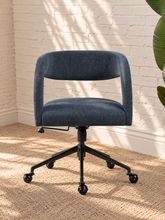 Load image into Gallery viewer, Lennox navy slub-weave upholstered swivel office chair with curved open barrel back, black five-point base, and roller casters
