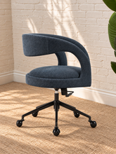 Load image into Gallery viewer, Lennox navy slub-weave upholstered swivel office chair with curved open barrel back, black five-point base, and roller casters