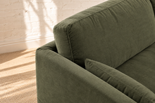 Load image into Gallery viewer, Liana olive linen-blend slipcovered sofa with deep bench cushion, two back cushions, and matching throw pillows
