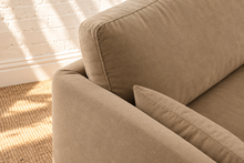 Load image into Gallery viewer, Liana warm taupe linen-blend slipcovered sofa with deep bench cushion, two back cushions, and matching throw pillows