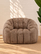 Load image into Gallery viewer, Louie mocha chenille accent chair with a plush seat, rounded wraparound back, curved arms, and textured upholstery.