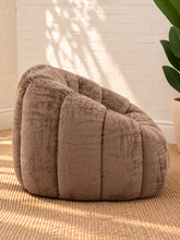 Load image into Gallery viewer, Louie mocha chenille accent chair with a plush seat, rounded wraparound back, curved arms, and textured upholstery.