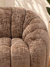 Load image into Gallery viewer, Louie mocha chenille accent chair with a plush seat, rounded wraparound back, curved arms, and textured upholstery.
