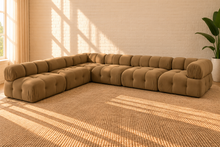 Load image into Gallery viewer, Louisa 6-piece sectional sofa in Camel Brown Saddle Velvet with deep tufted cushions, rounded arms, and modular contemporary design.