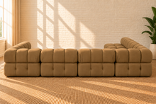 Load image into Gallery viewer, Louisa 6-piece sectional sofa in Camel Brown Saddle Velvet with deep tufted cushions, rounded arms, and modular contemporary design.