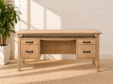 Load image into Gallery viewer, Image 2 of 5: Lucero 64-inch double pedestal desk in Natural with four drawers, open shelf, Oak Veneer, and dark bronze pulls