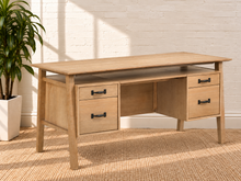 Load image into Gallery viewer, Image 1 of 5: Lucero 64-inch double pedestal desk in Natural with four drawers, open shelf, Oak Veneer, and dark bronze pulls
