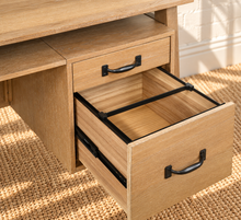 Load image into Gallery viewer, Image 5 of 5: Lucero 64-inch double pedestal desk in Natural with four drawers, open shelf, Oak Veneer, and dark bronze pulls