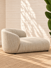 Load image into Gallery viewer, Lucia upholstered chaise lounge in oyster beige textured bouclé fabric with rounded arms and a low profile.