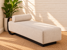 Load image into Gallery viewer, Image 1 of 5: Lyca chaise lounge in beige linen-textured fabric with charcoal wood frame and natural synthetic cane back