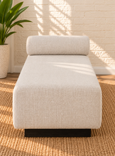 Load image into Gallery viewer, Image 2 of 5: Lyca chaise lounge in beige linen-textured fabric with charcoal wood frame and natural synthetic cane back