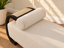 Load image into Gallery viewer, Image 4 of 5: Lyca chaise lounge in beige linen-textured fabric with charcoal wood frame and natural synthetic cane back