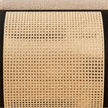 Load image into Gallery viewer, Image 5 of 5: Lyca chaise lounge in beige linen-textured fabric with charcoal wood frame and natural synthetic cane back