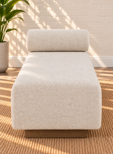 Load image into Gallery viewer, Lyca upholstered beige fabric chaise lounge with walnut-finish wood frame, natural synthetic cane, and curved Art Deco design