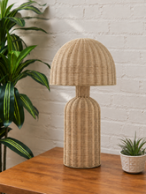Load image into Gallery viewer, Lydia oak rattan table lamp with handwoven dome shade and tall rounded woven base