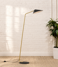 Load image into Gallery viewer, Lyra charcoal floor lamp with angled satin brass rod, swivel metal shade and round black base