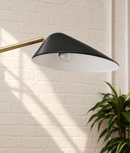 Load image into Gallery viewer, Lyra charcoal floor lamp with angled satin brass rod, swivel metal shade and round black base