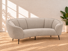 Load image into Gallery viewer, Image 2 of 4: Madison upholstered sofa in Mushroom Beige chenille with curved kidney-inspired silhouette, channel detailing, and black metal legs