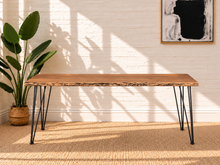 Load image into Gallery viewer, Image 2 of 4: Maiden 71-inch Acacia dining table with natural live edge top and black metal hairpin legs