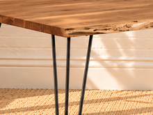 Load image into Gallery viewer, Image 4 of 4: Maiden 71-inch Acacia dining table with natural live edge top and black metal hairpin legs