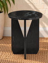 Load image into Gallery viewer, Maison marble side table in Noir Veil with round black marble top and sculptural geometric base