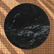 Load image into Gallery viewer, Maison marble side table in Noir Veil with round black marble top and sculptural geometric base