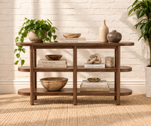 Load image into Gallery viewer, Malie dark walnut open shelf console with rounded ends, two open lower shelves and slender vertical wood supports.