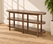 Load image into Gallery viewer, Malie dark walnut open shelf console with rounded ends, two open lower shelves and slender vertical wood supports.