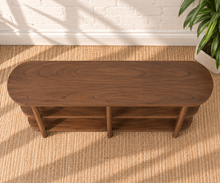 Load image into Gallery viewer, Malie dark walnut open shelf console with rounded ends, two open lower shelves and slender vertical wood supports.
