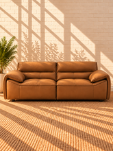 Load image into Gallery viewer, Image 1 of 4: Malone Loveseat in Golden Cognac top grain leather with sculpted arms and plush cushioned seating