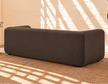 Load image into Gallery viewer, Marbella espresso performance velvet sofa with rounded tuxedo arms and deep bench seat