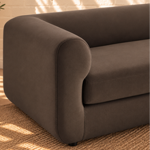 Load image into Gallery viewer, Marbella espresso performance velvet sofa with rounded tuxedo arms and deep bench seat