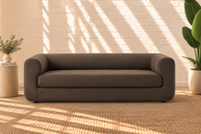 Load image into Gallery viewer, Marbella espresso performance velvet sofa with rounded tuxedo arms and deep bench seat