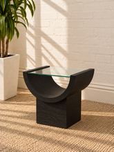 Load image into Gallery viewer, Marcel charcoal side table with curved black oak veneer base and tempered glass top.